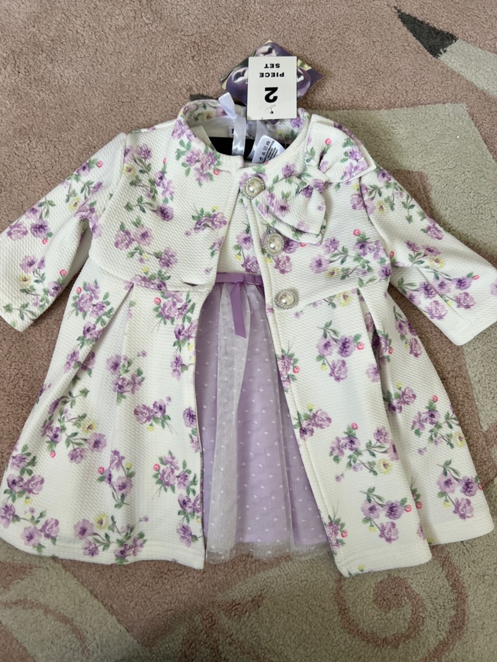 Blueberi Boulevard Lilac Floral Bow-Accent Coat Dress - Cream & Lilac